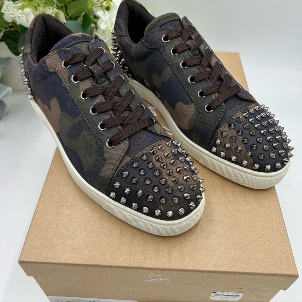 Men’s Christian Louboutin SEAVASTE studded camouflage print canvas sneakers 42